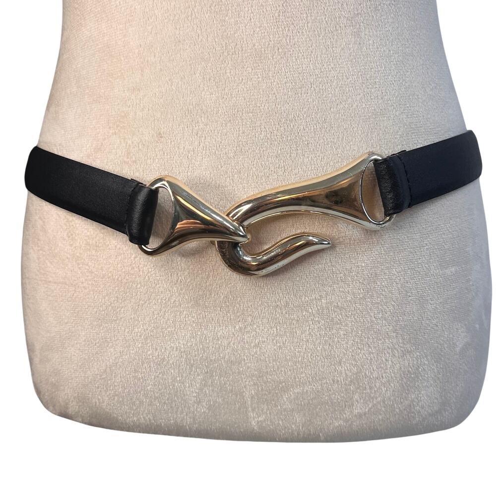Chico’s Adjustable Black Leather Belt Abstract Silver Buckle Y2K Minimalist M/L